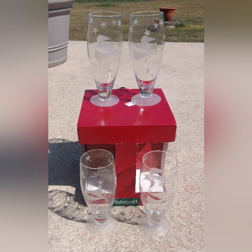 Pfaltzgraff Angel Stars Footed Frosted Clear Hi Ball Glasses Set Of 4